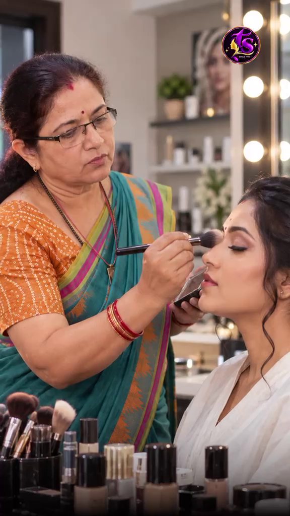 Mrs. Shanthi applying makeup to a client